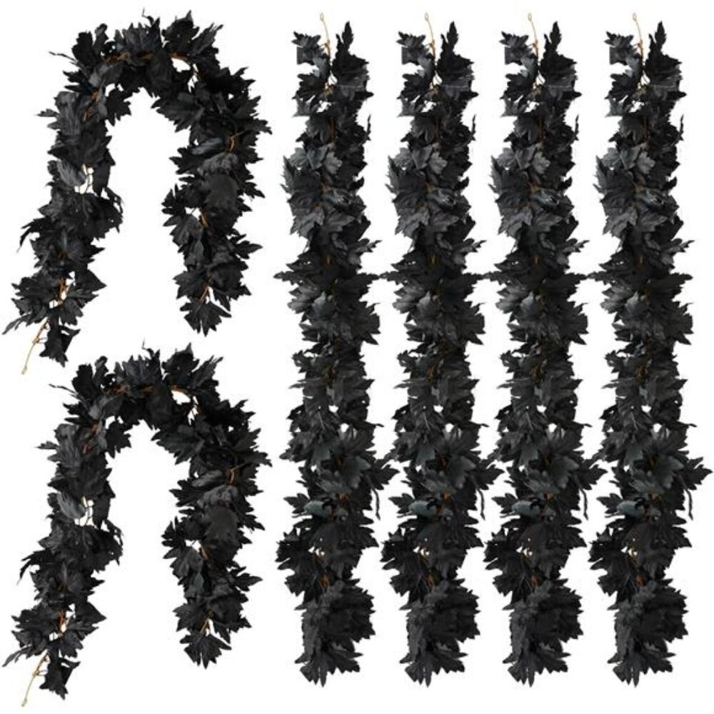 PARTY JOY Black Artificial Maple Leaf Garland - 6PCS 5.6Ft Halloween Decor, - Picture 1 of 8